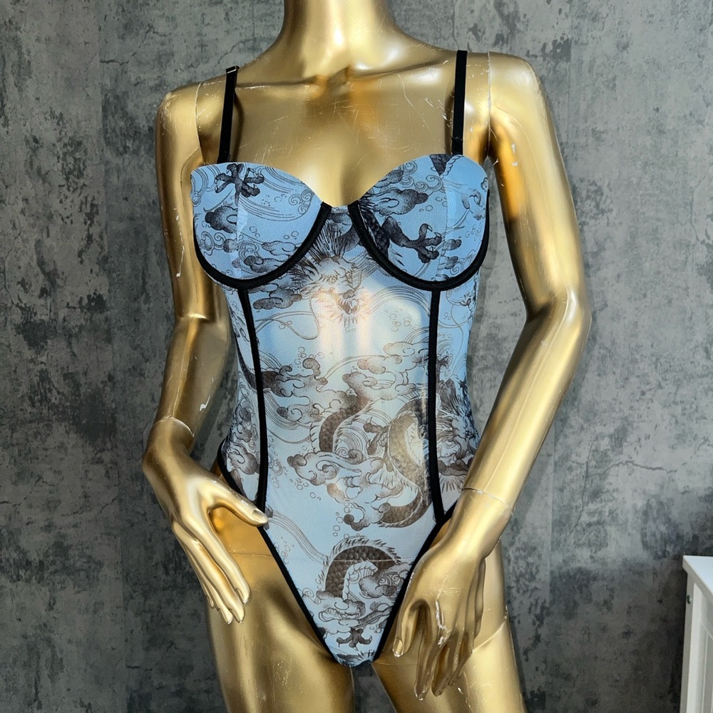 Elegant Blue Patterned Bodysuit